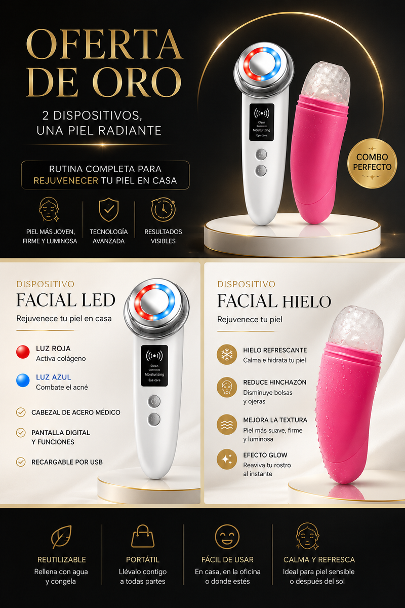 RadiantLift Pro — Terapia Facial LED 3 en 1 + IceGlow — Roller Facial Coreano Anti-Hinchazón